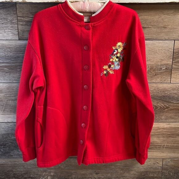 Bobbie Brooks Ladies Red Shirt Jacket with Embroidered Floral/Hummingbird,Medium - Picture 1 of 6